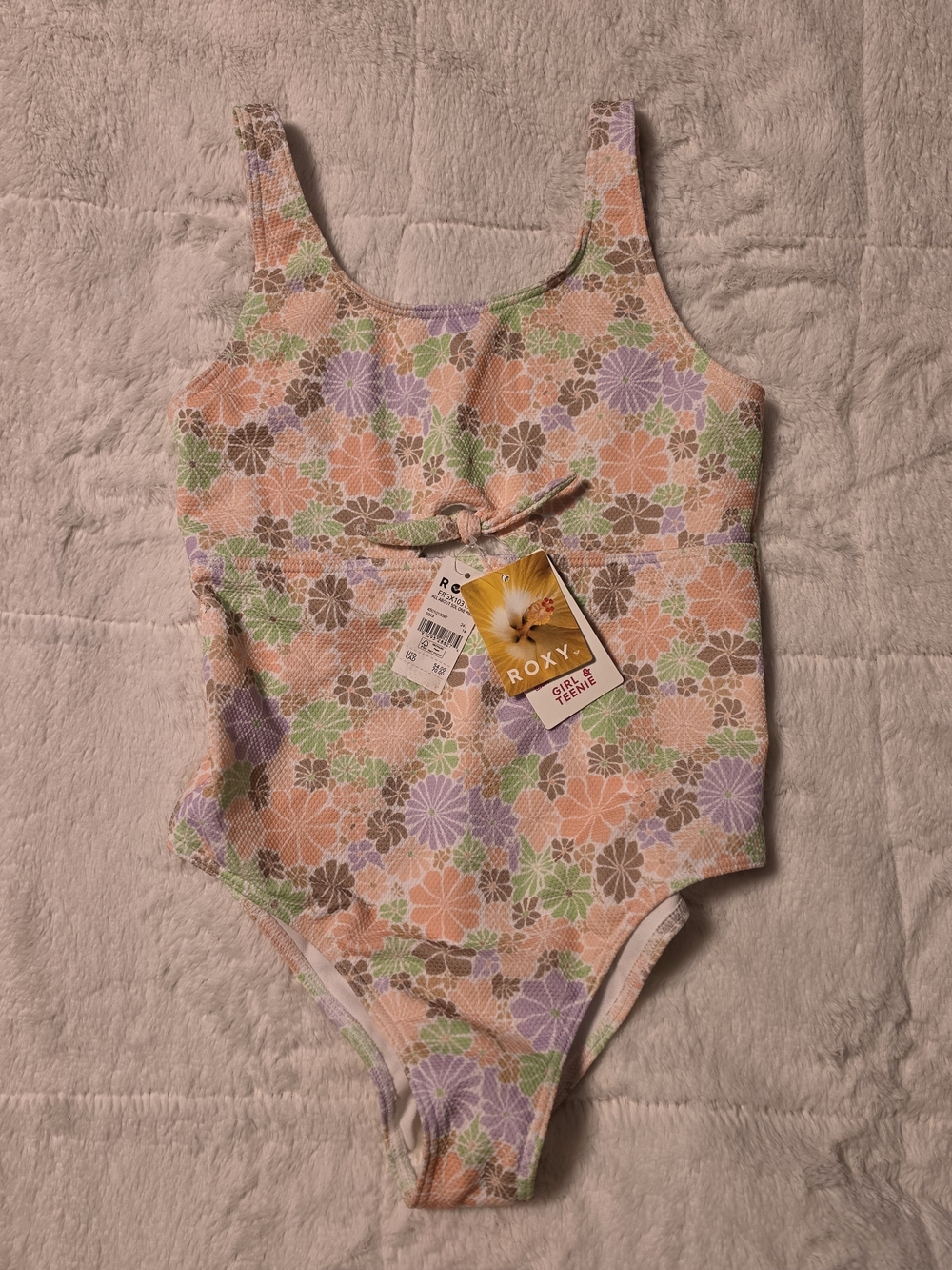 Roxy Girls Floral One-Piece Swimsuit in Peach, Lavender, Green, Brown